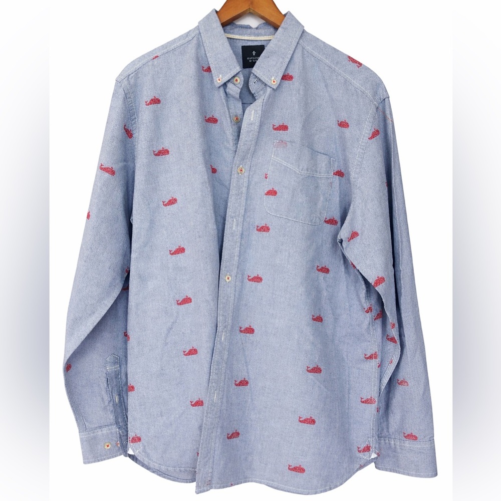 Hawkins McGill Blue Button Down Shirt Red Whale Print XL Long Sleeve